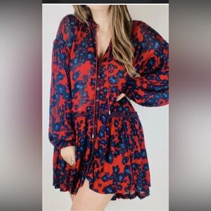 Free People Love Letter Tunic V Red Blue Floral Mini Dress peasant XS Merlot
